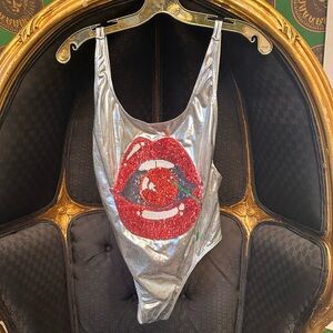 Brigitte Bodysuit with Red Lip Design, Size P, NWT